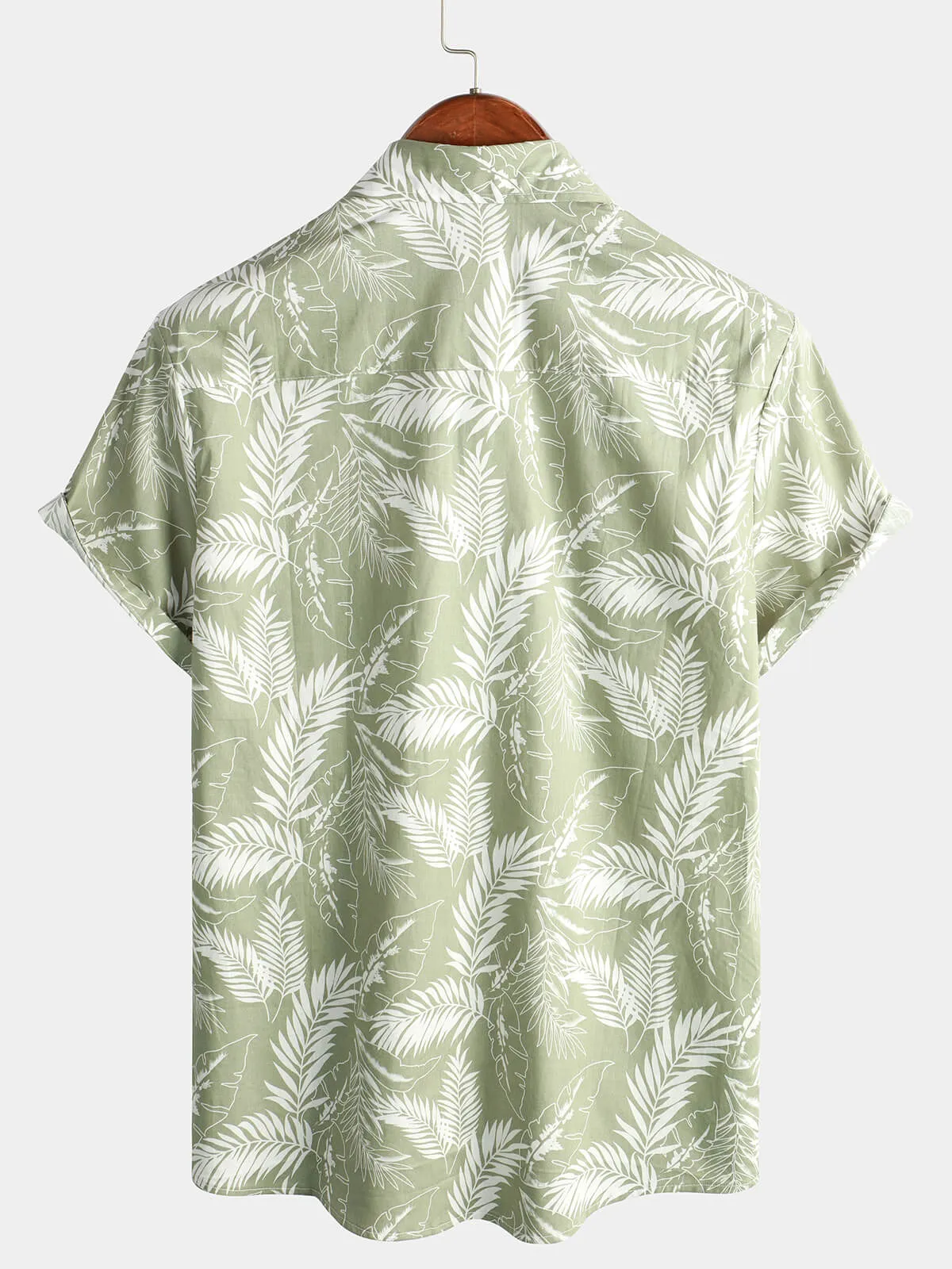 Men's Light Green Hawaiian Soft Tropical Leaf Beach Holiday Cotton Breathable Button Up Short Sleeve Shirt