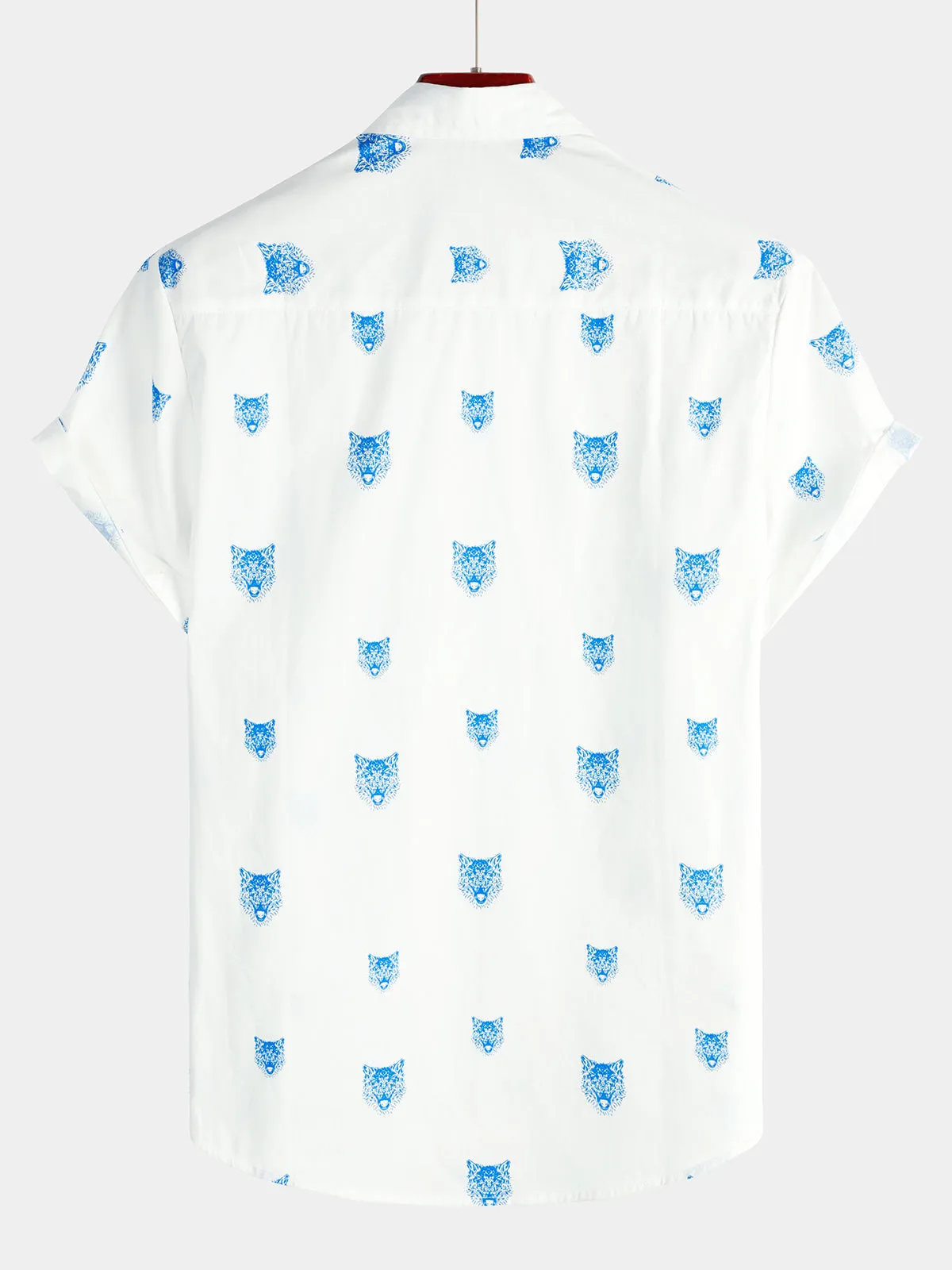 Men's Wolf Animal Print Button Casual Lapel White Short Sleeve Shirt