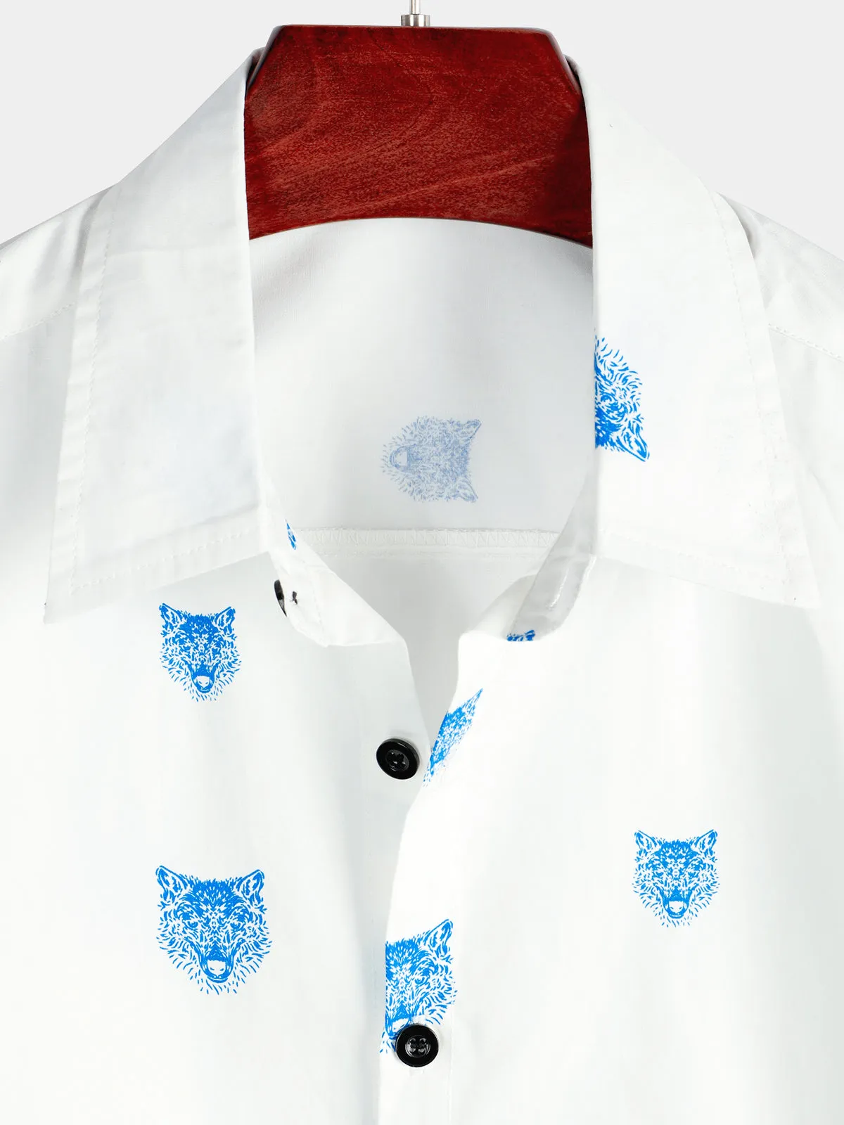 Men's Wolf Animal Print Button Casual Lapel White Short Sleeve Shirt