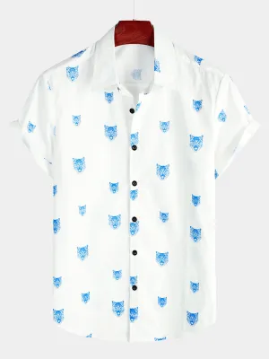Men's Wolf Animal Print Button Casual Lapel White Short Sleeve Shirt