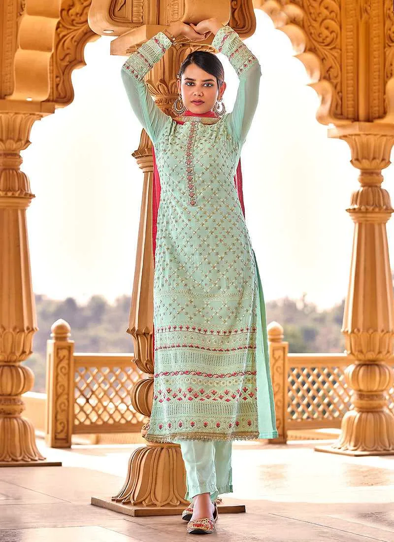 Mint Green Heavy Embroidered Straight Pant Style Suit