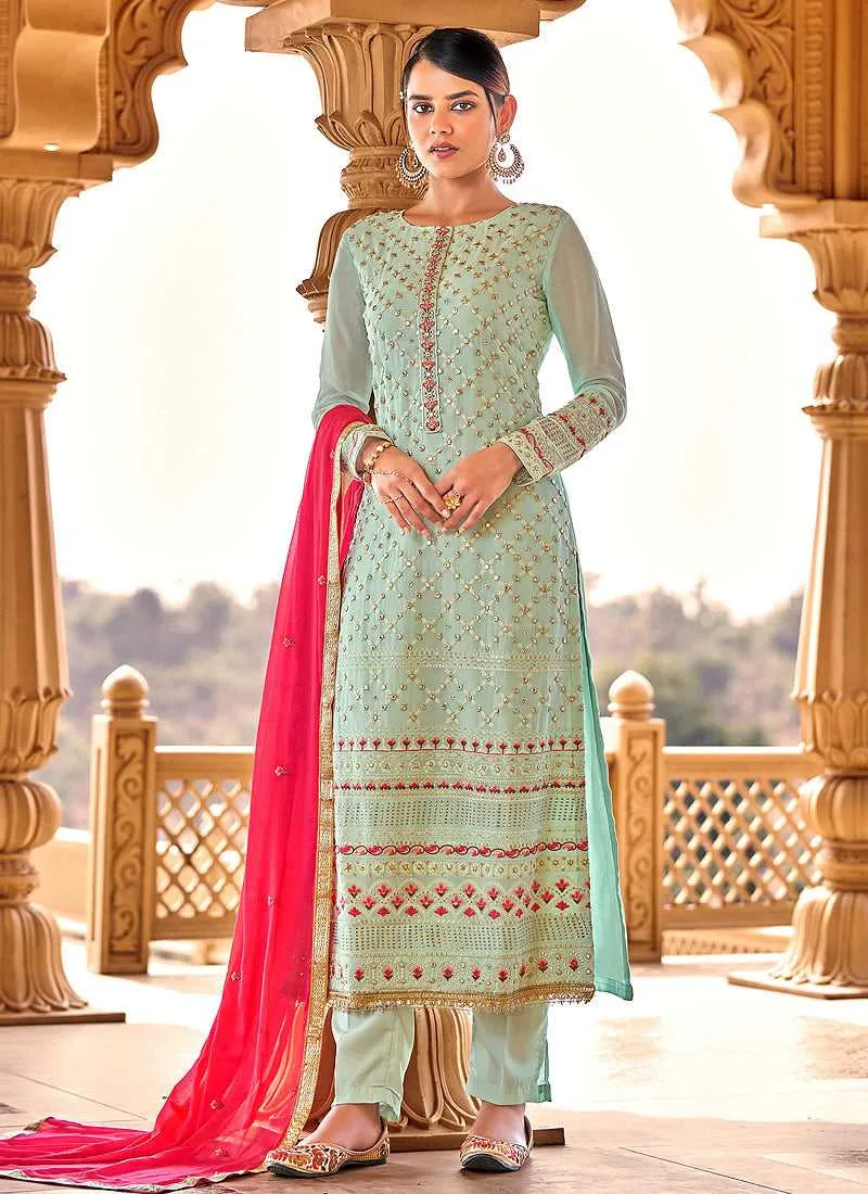 Mint Green Heavy Embroidered Straight Pant Style Suit