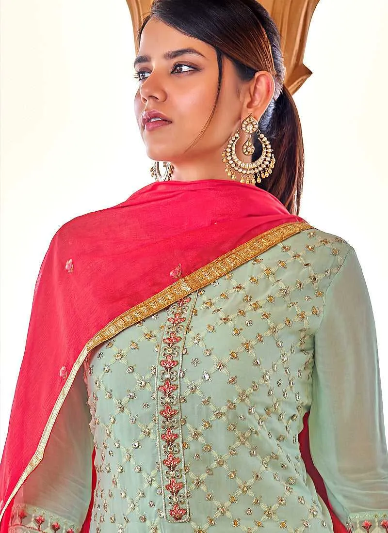 Mint Green Heavy Embroidered Straight Pant Style Suit