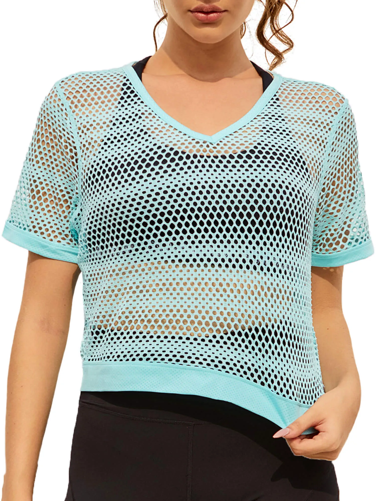 New AS ROSE RICH Mesh Top for Women - Workout Fishnet Shirt for Yoga, Gym, Running, Blue, Sz M
