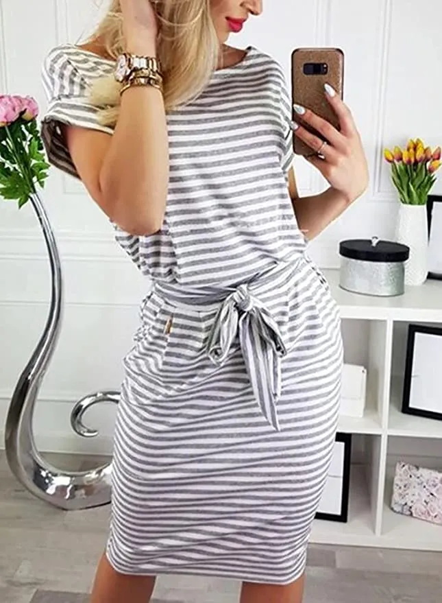 New BINLIANG Women Casual Striped Pocketed T-Shirt Dress with Belt! Grey! Sz L!