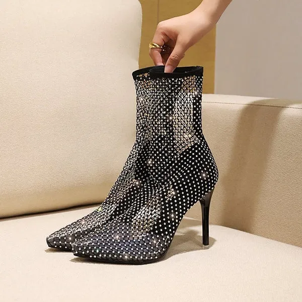 Nightclub Rhinestone Bling Summer Sunscreen Breathable Pointed Toe Super High Heels