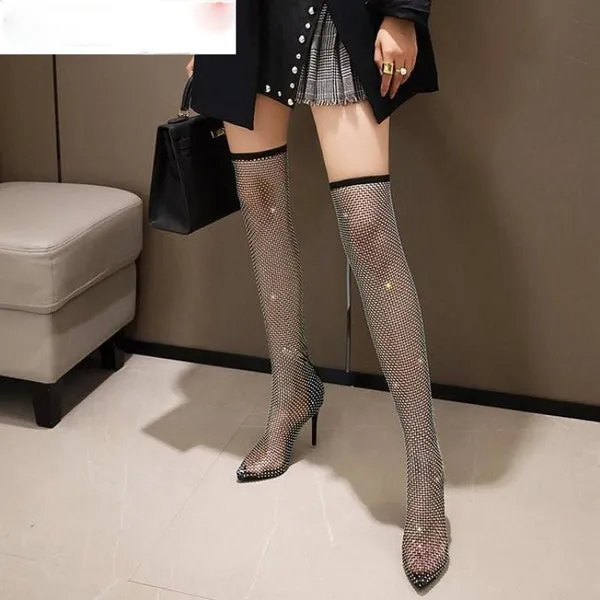Nightclub Rhinestone Bling Summer Sunscreen Breathable Pointed Toe Super High Heels