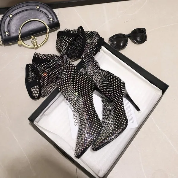 Nightclub Rhinestone Bling Summer Sunscreen Breathable Pointed Toe Super High Heels