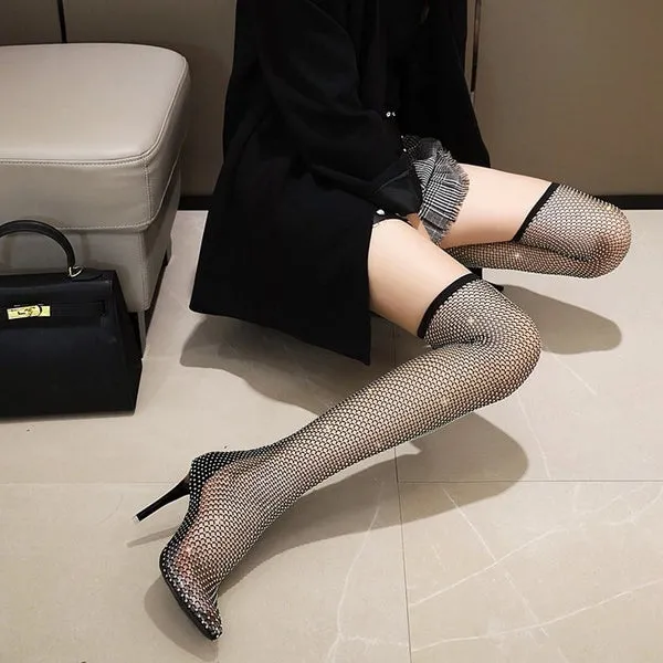 Nightclub Rhinestone Bling Summer Sunscreen Breathable Pointed Toe Super High Heels
