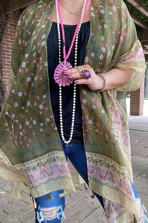 Olive floral sheer kimono shawl