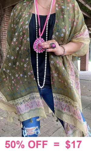 Olive floral sheer kimono shawl
