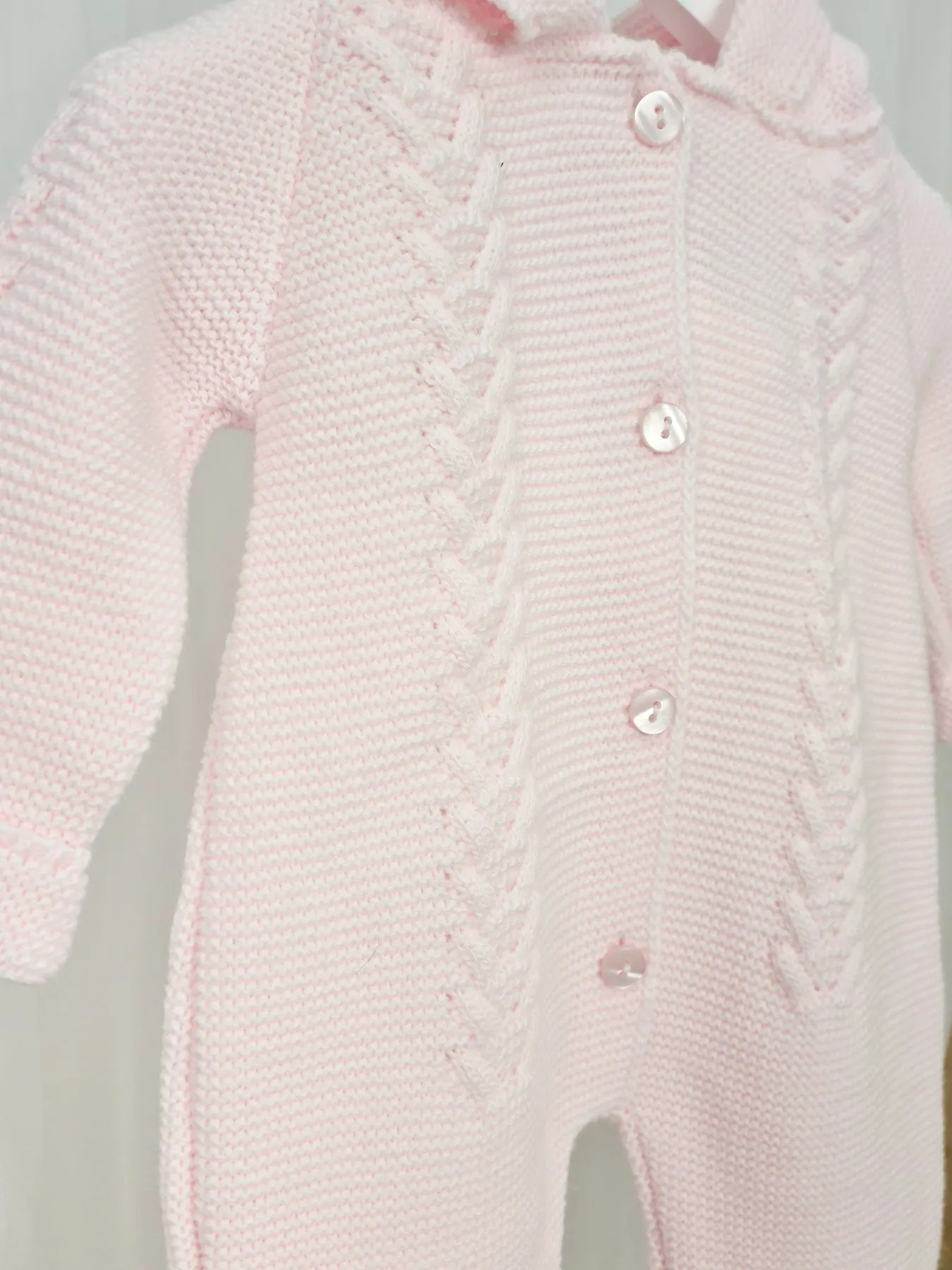 Pink Knitted Pramsuit with Pom Pom Hood