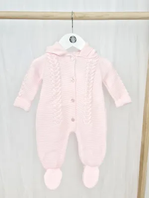 Pink Knitted Pramsuit with Pom Pom Hood