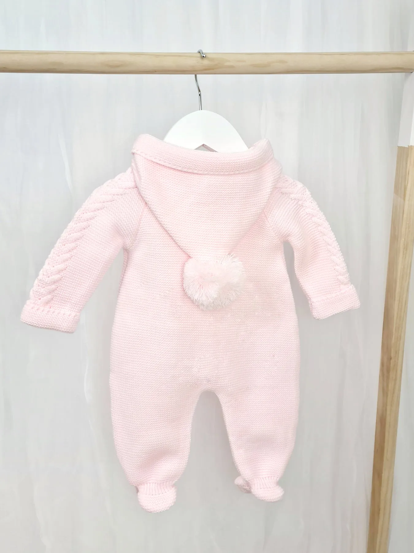 Pink Knitted Pramsuit with Pom Pom Hood