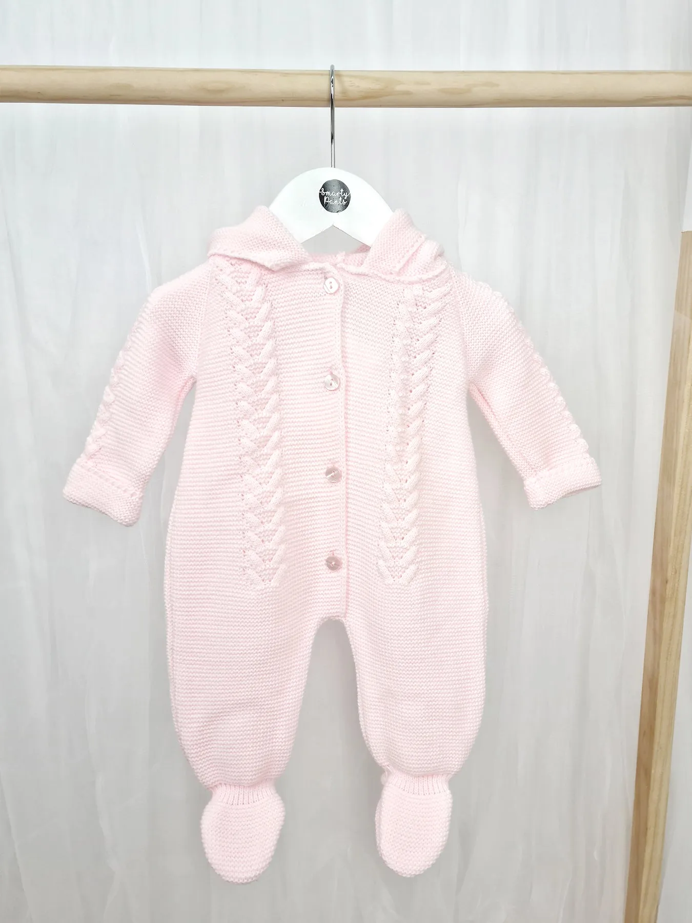 Pink Knitted Pramsuit with Pom Pom Hood