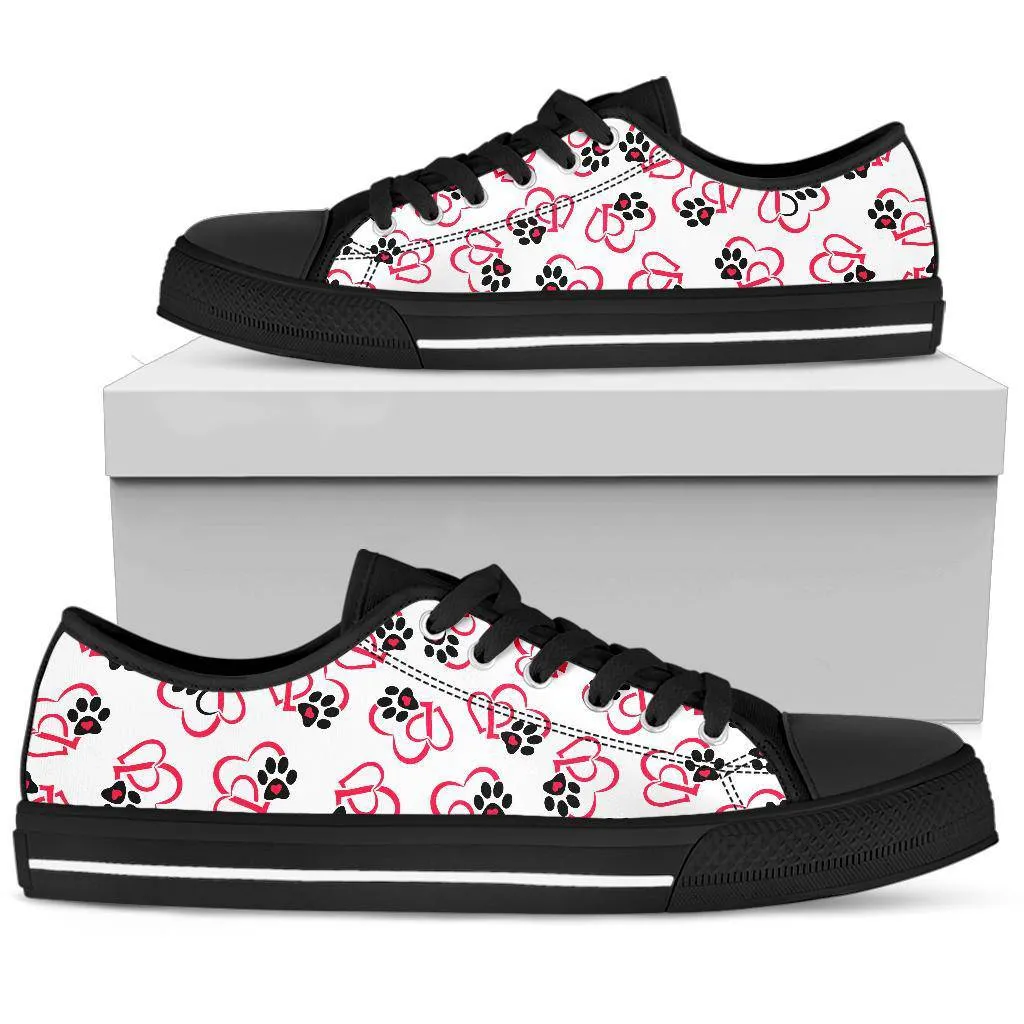 Red and White Hearts and Paws Low Top Sneaker - Black Custom Shoes