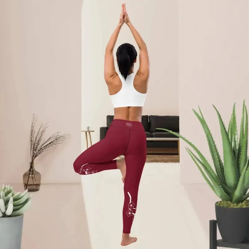 Red Floral Blossom Yoga Workout Leggings