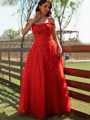 Red Off-shoulder Lace Top Sexy A-line Long Prom Dress, PD3475