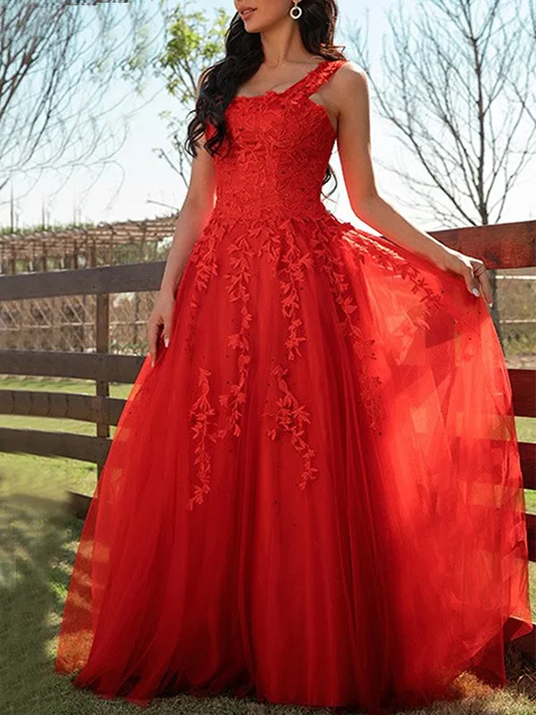 Red Off-shoulder Lace Top Sexy A-line Long Prom Dress, PD3475