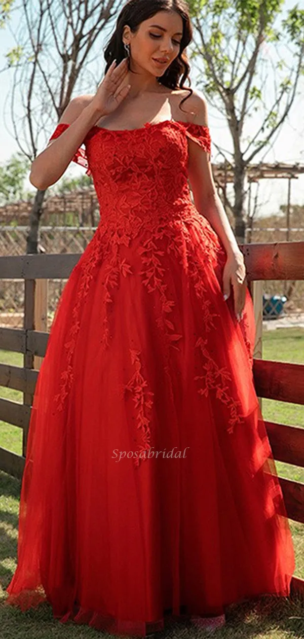 Red Off-shoulder Lace Top Sexy A-line Long Prom Dress, PD3475