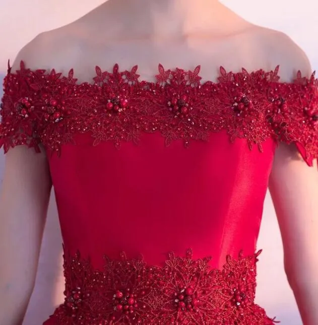 Red Satin with Lace Beaded High Low Homecoming Dress, Red Short Prom Dress Formal Dress