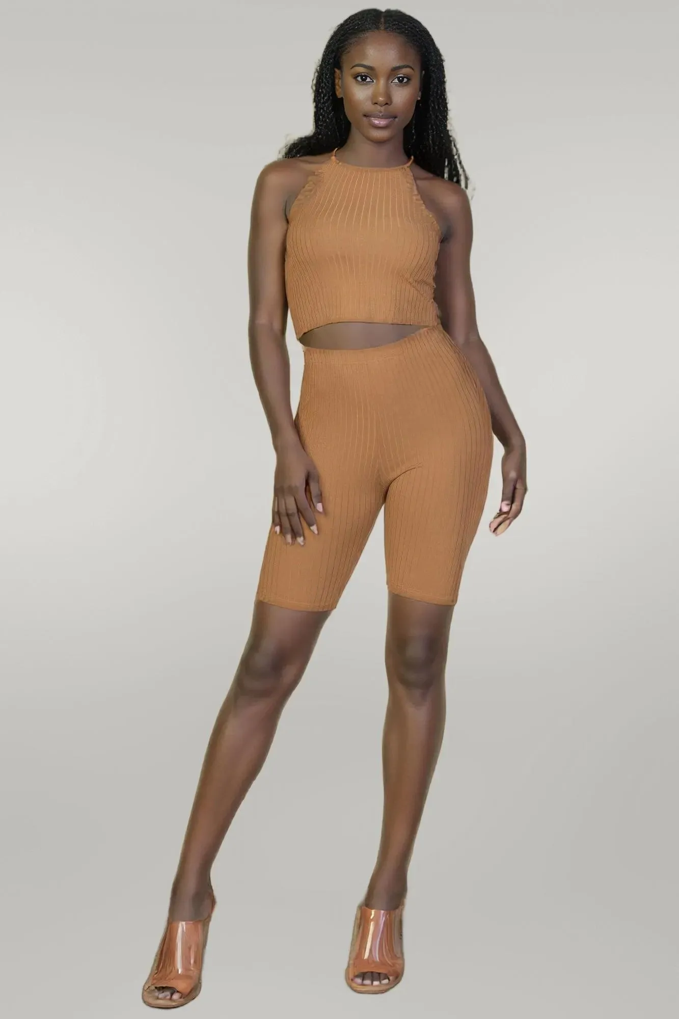Ribbed Cropped Tank Top And Biker Shorts Set