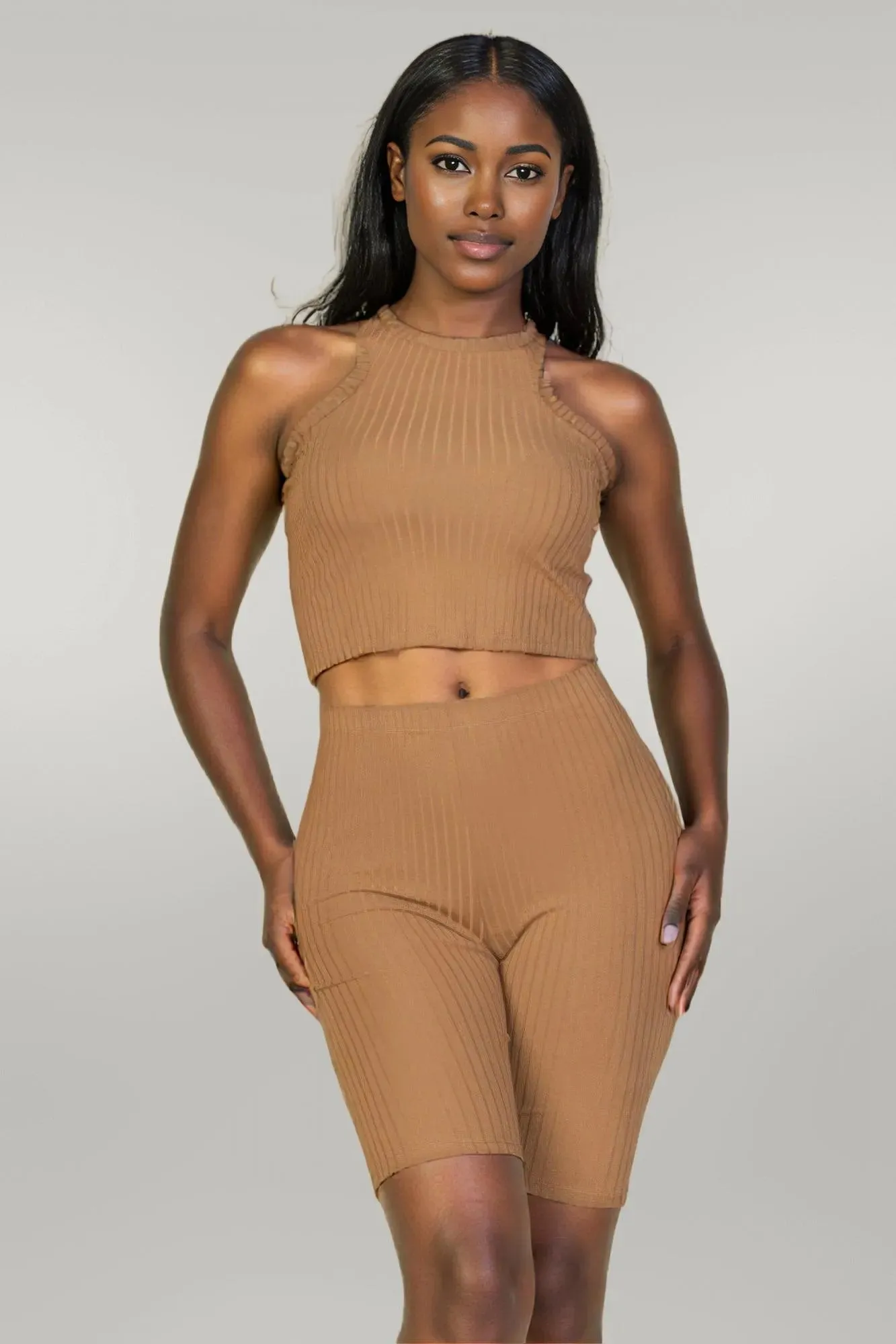 Ribbed Cropped Tank Top And Biker Shorts Set