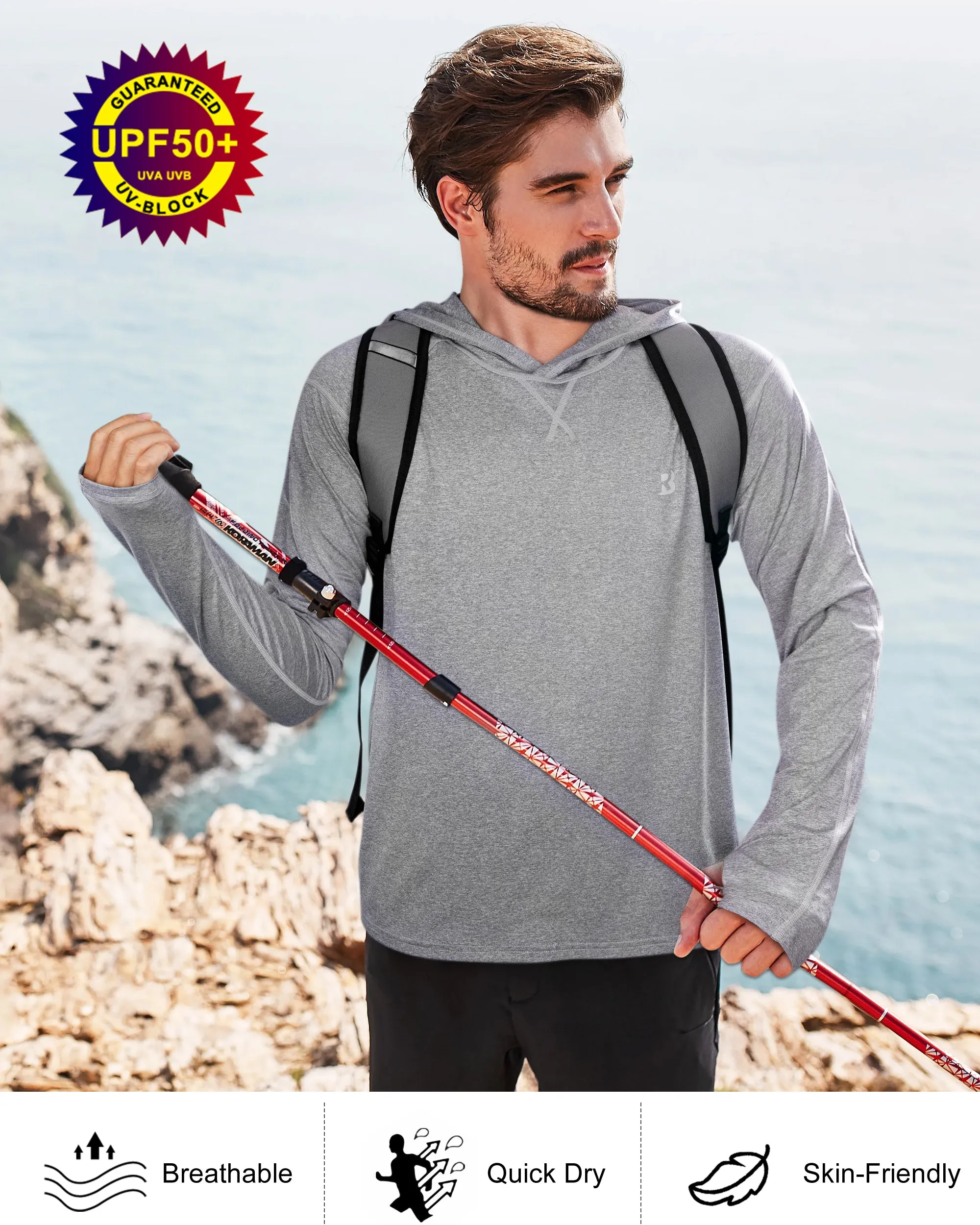 Roadbox UPF 50  Fishing Shirts for Men Long Sleeve UV Sun Protection Hoodie Outdoor Hiking Shirts