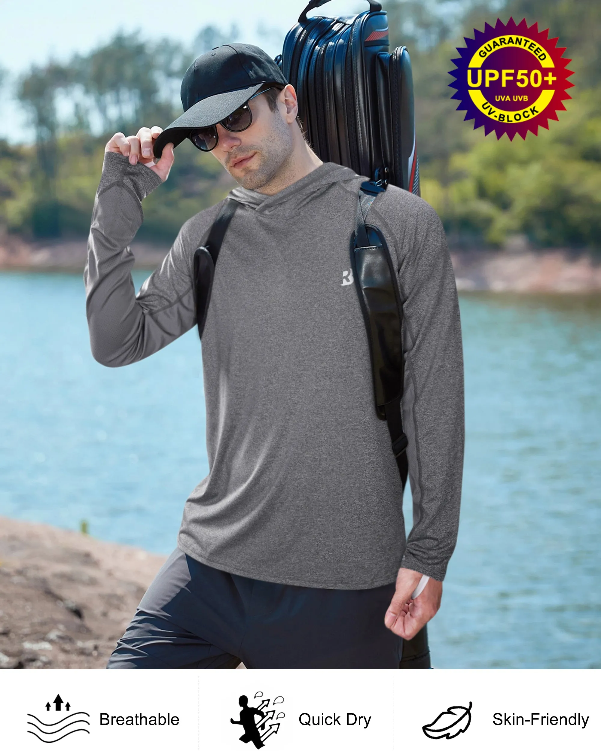 Roadbox UPF 50  Fishing Shirts for Men Long Sleeve UV Sun Protection Hoodie Outdoor Hiking Shirts