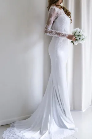 Roycebridal Fabulous White Long Sleeves Mermaid Lace Long Wedding Dress with Train, MW144