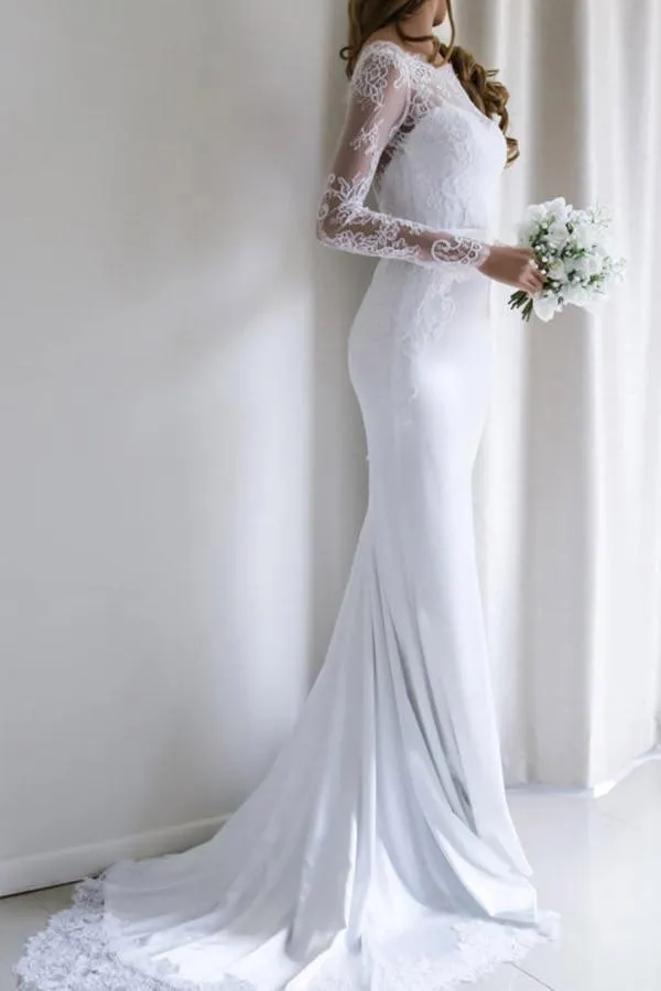 Roycebridal Fabulous White Long Sleeves Mermaid Lace Long Wedding Dress with Train, MW144