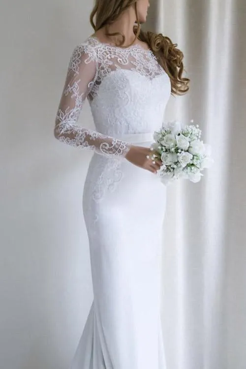 Roycebridal Fabulous White Long Sleeves Mermaid Lace Long Wedding Dress with Train, MW144