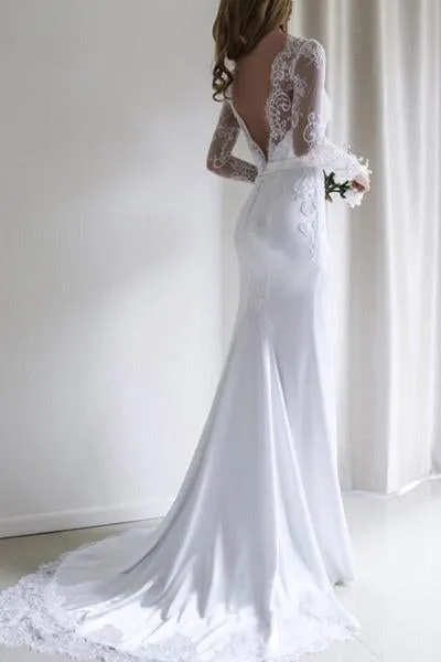Roycebridal Fabulous White Long Sleeves Mermaid Lace Long Wedding Dress with Train, MW144