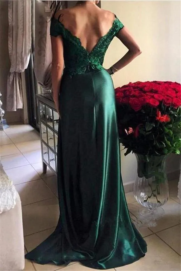 Sexy Dark Green Off-The-Shoulder Split Prom Dresses, Evening Dresses YZ211035