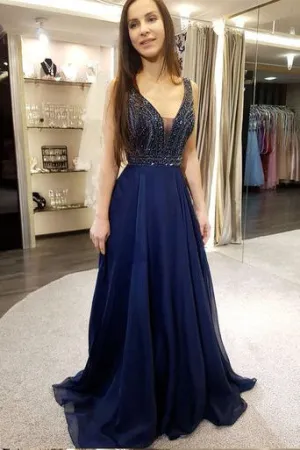 Sexy Low Cut Beading Chiffon Long Prom Dress For Teens,Graduation Party Dresses OK939