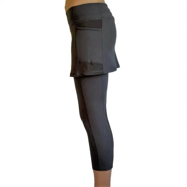 Steel Blue Mid-Calf Skirted Leggings with Pockets