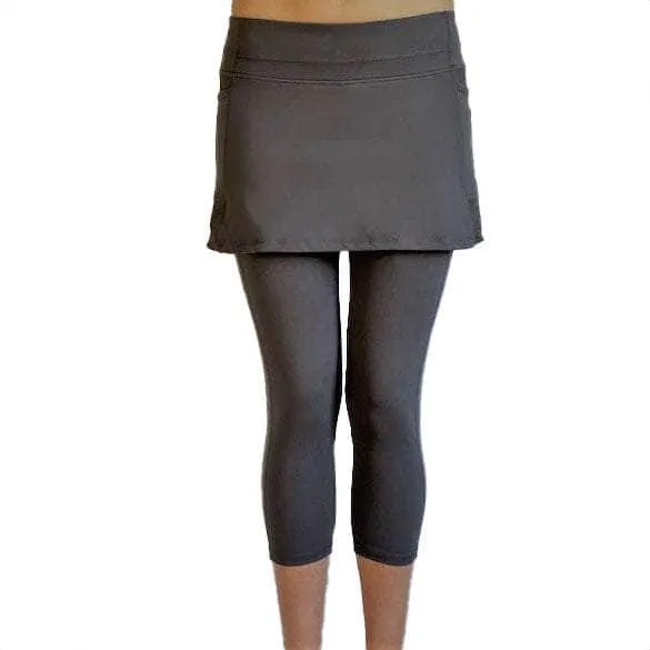 Steel Blue Mid-Calf Skirted Leggings with Pockets