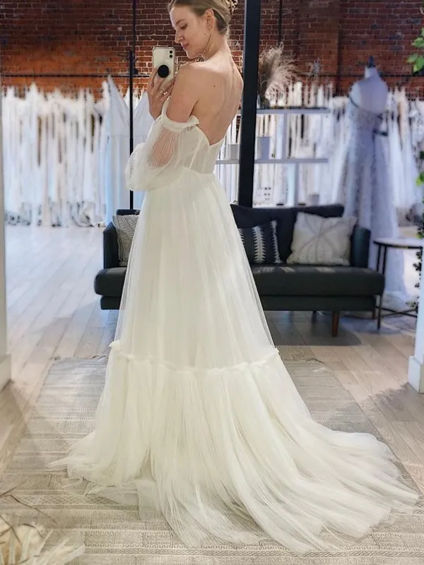 Strapless Off-shoulder Sleeve A-line Tulle Long Wedding Dress, WD3028