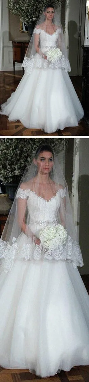 Top White Tulle Wedding Dresses with Beading,Off Shoulder A-line Lace Wedding Dress,SVD527