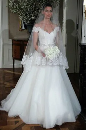 Top White Tulle Wedding Dresses with Beading,Off Shoulder A-line Lace Wedding Dress,SVD527
