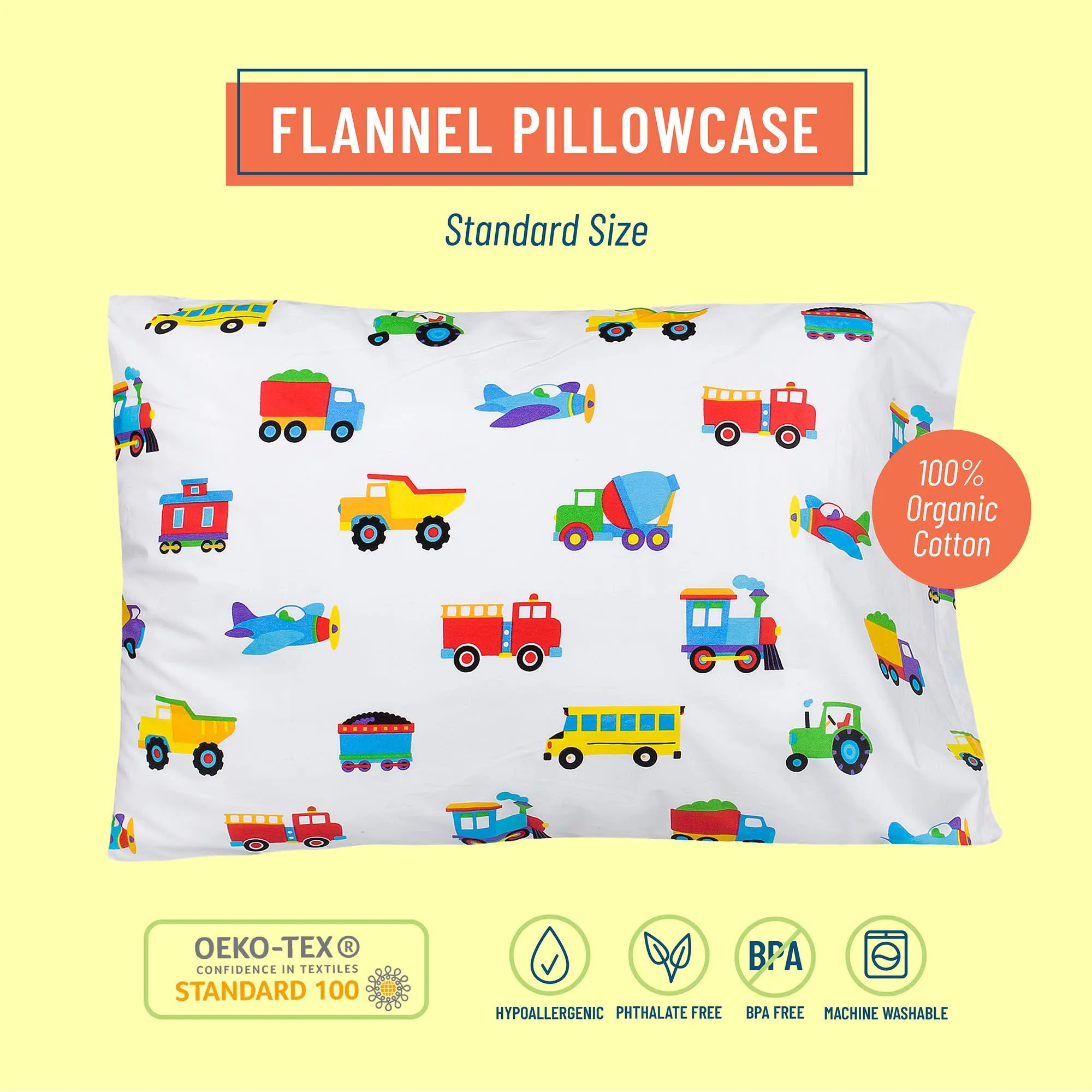 Trains Planes & Trucks 100% Organic Cotton Flannel Pillow Case