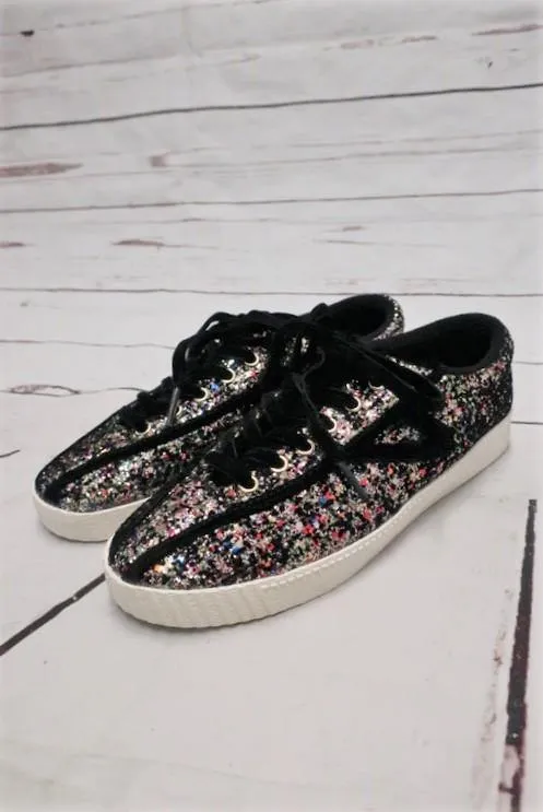Tretorn Glitter Sneakers NYLitePlus 5 Black/Multi Size 6.5 Lace Up Low Top NEW