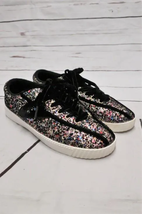 Tretorn Glitter Sneakers NYLitePlus 5 Black/Multi Size 6.5 Lace Up Low Top NEW