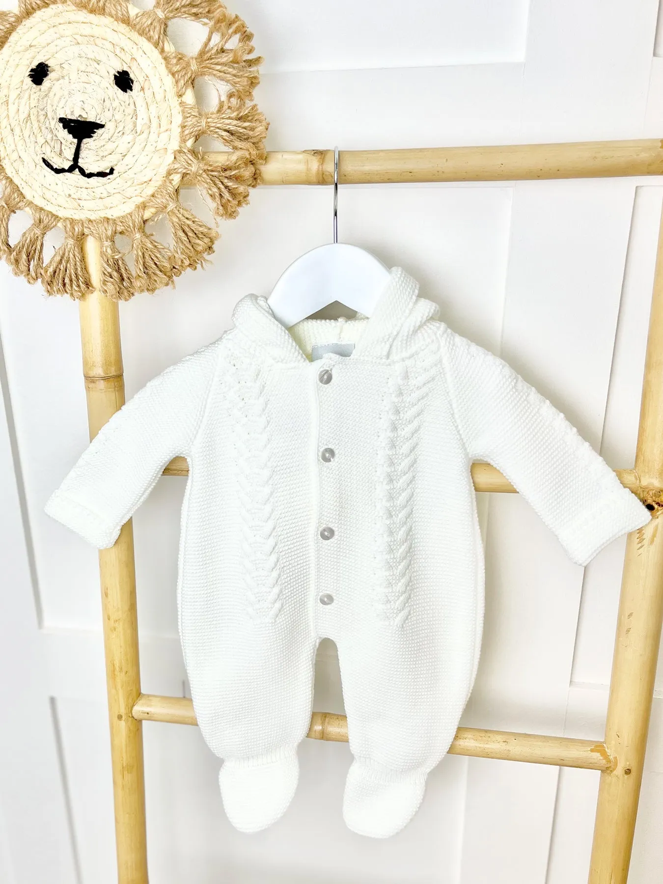 Unisex White Knitted Pramsuit with Pom Pom Hood