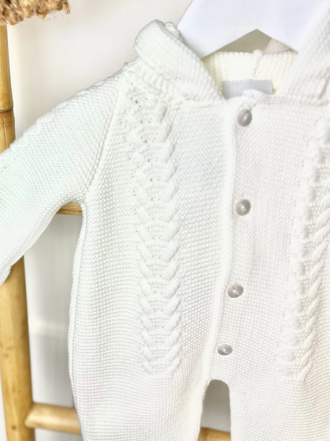 Unisex White Knitted Pramsuit with Pom Pom Hood