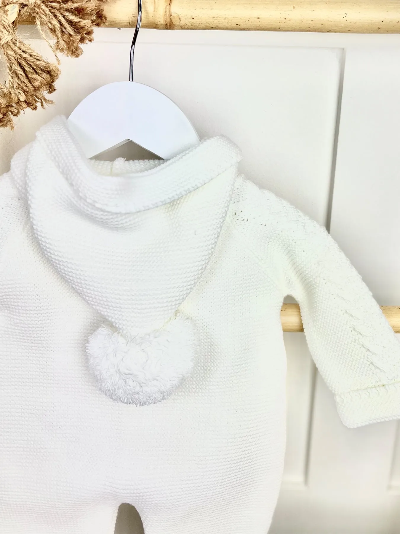Unisex White Knitted Pramsuit with Pom Pom Hood