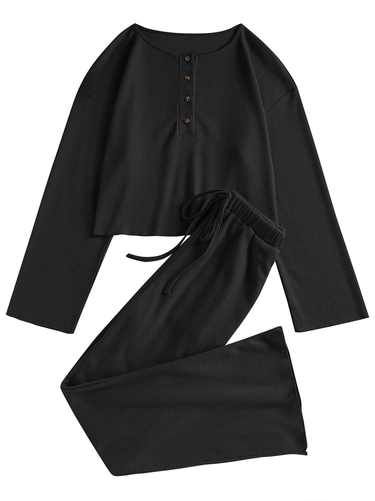 Waffle Knit Casual Long Sleeve Pajama Set
