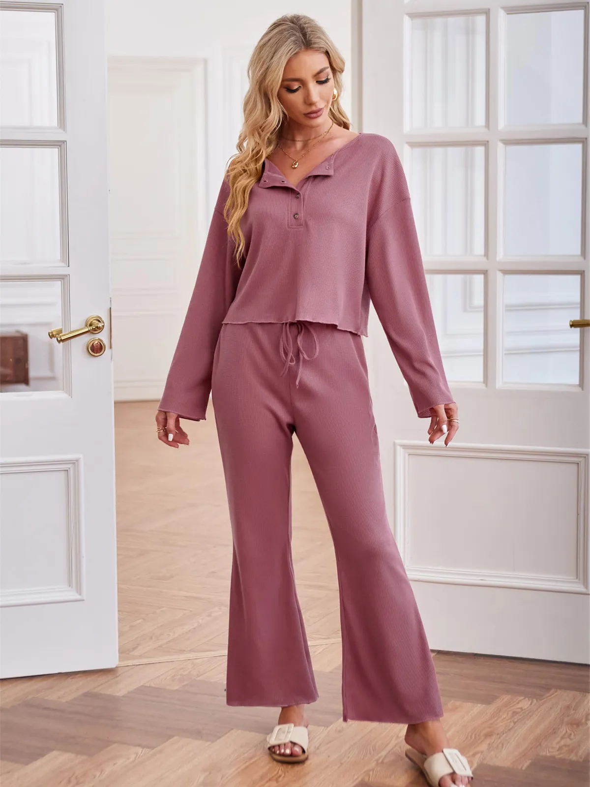 Waffle Knit Casual Long Sleeve Pajama Set