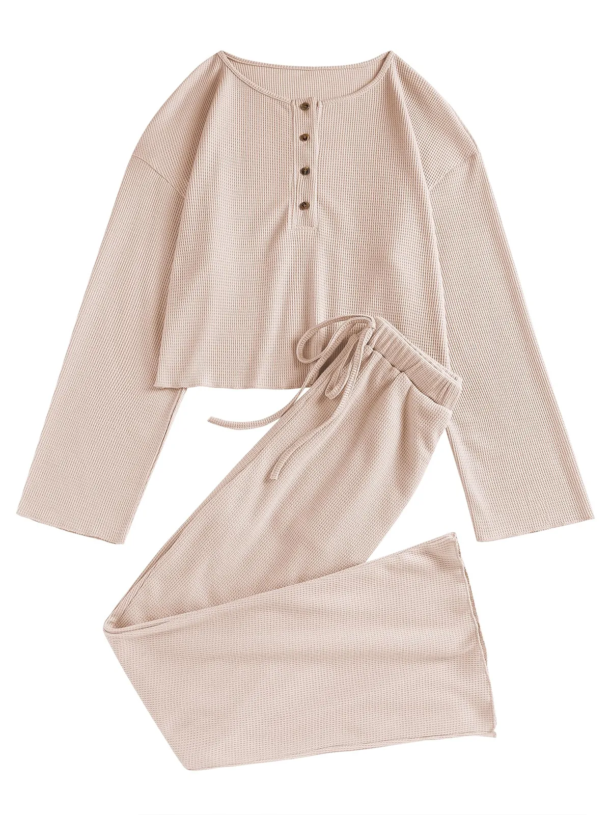 Waffle Knit Casual Long Sleeve Pajama Set