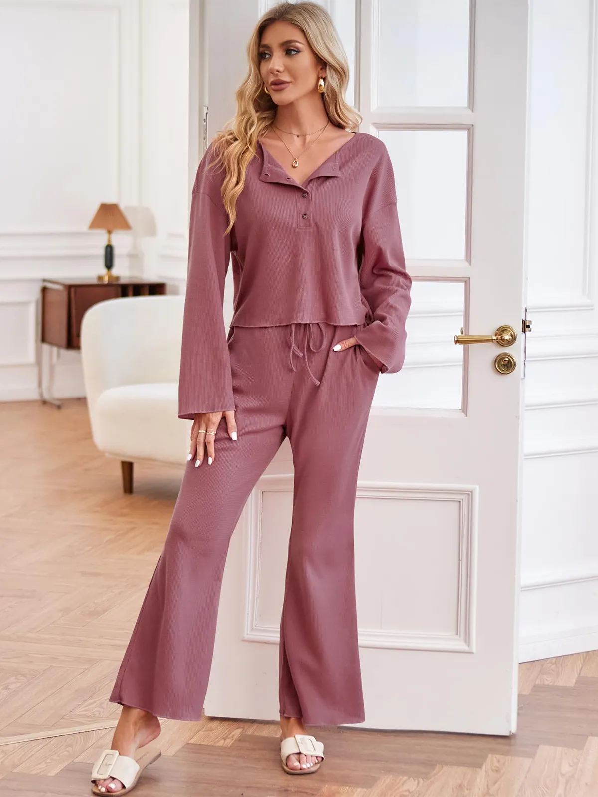 Waffle Knit Casual Long Sleeve Pajama Set